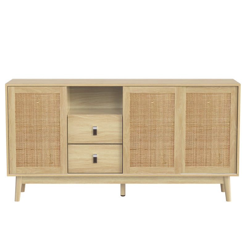 Buffet Contemporain en Bois avec Rotin Véritable, Tiroirs et Portes Coulissantes USOH WOOD