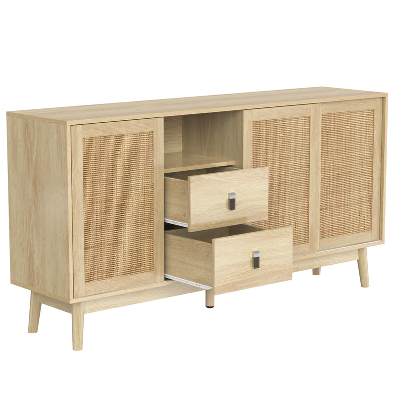 Buffet Contemporain en Bois avec Rotin Véritable, Tiroirs et Portes Coulissantes USOH WOOD