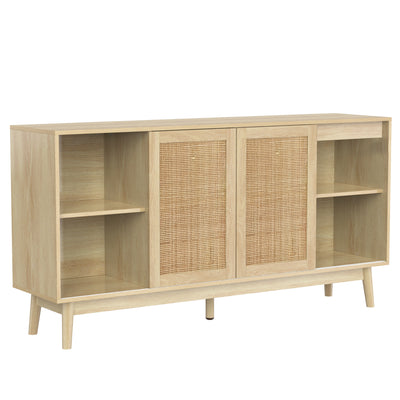 Buffet Contemporain en Bois avec Rotin Véritable, Tiroirs et Portes Coulissantes USOH WOOD