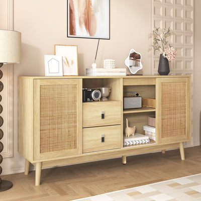 Buffet Contemporain en Bois avec Rotin Véritable, Tiroirs et Portes Coulissantes USOH WOOD