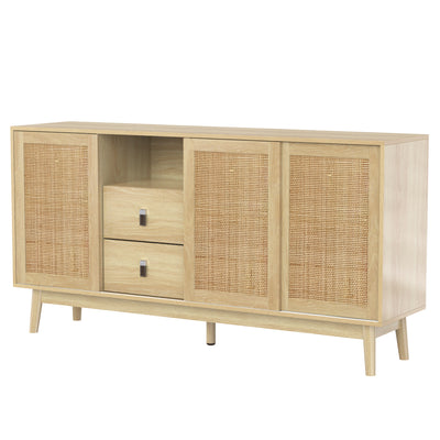 Buffet Contemporain en Bois avec Rotin Véritable, Tiroirs et Portes Coulissantes USOH WOOD