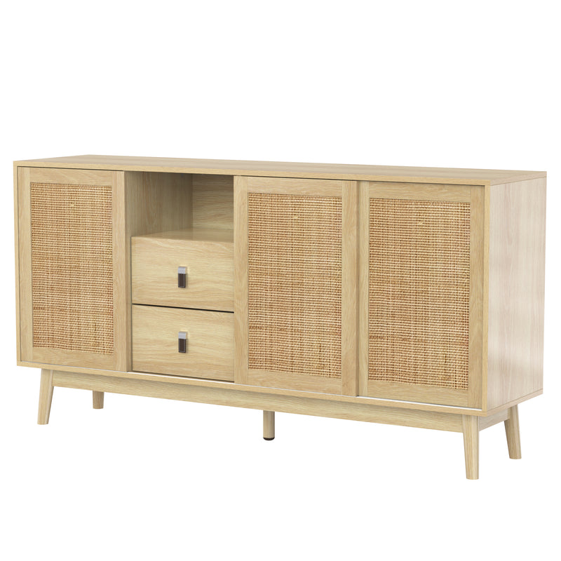 Buffet Contemporain en Bois avec Rotin Véritable, Tiroirs et Portes Coulissantes USOH WOOD