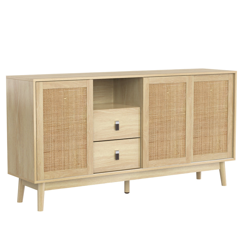 Buffet Contemporain en Bois avec Rotin Véritable, Tiroirs et Portes Coulissantes USOH WOOD