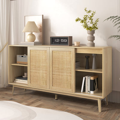 Buffet Contemporain en Bois avec Rotin Véritable, Tiroirs et Portes Coulissantes USOH WOOD
