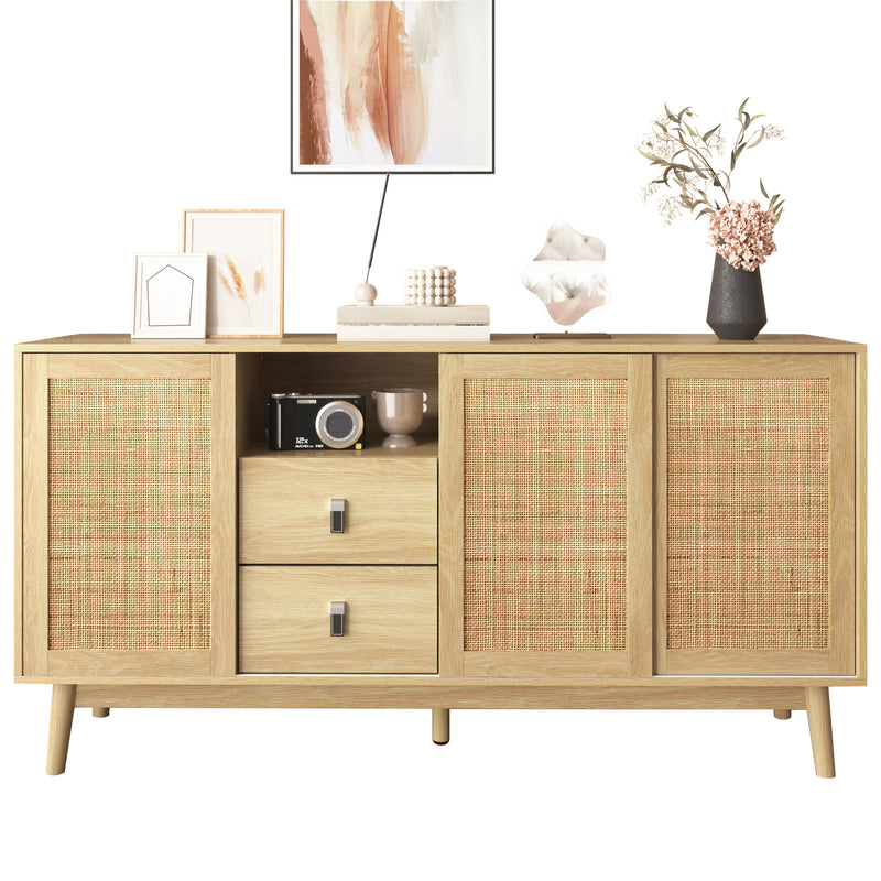 Buffet Contemporain en Bois avec Rotin Véritable, Tiroirs et Portes Coulissantes USOH WOOD
