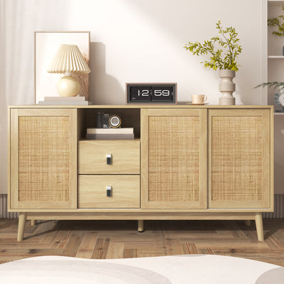 Buffet Contemporain en Bois avec Rotin Véritable, Tiroirs et Portes Coulissantes USOH WOOD