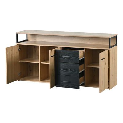 Buffet Industriel Moderne Noir & Bois avec 3 Tiroirs, 3 Portes, Étagères Réglables et Rangement Ouvert (150x35x75.9cm) VAGNAD