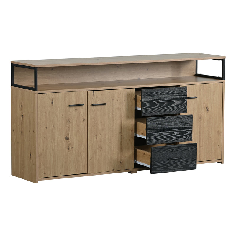 Buffet Industriel Moderne Noir & Bois avec 3 Tiroirs, 3 Portes, Étagères Réglables et Rangement Ouvert (150x35x75.9cm) VAGNAD