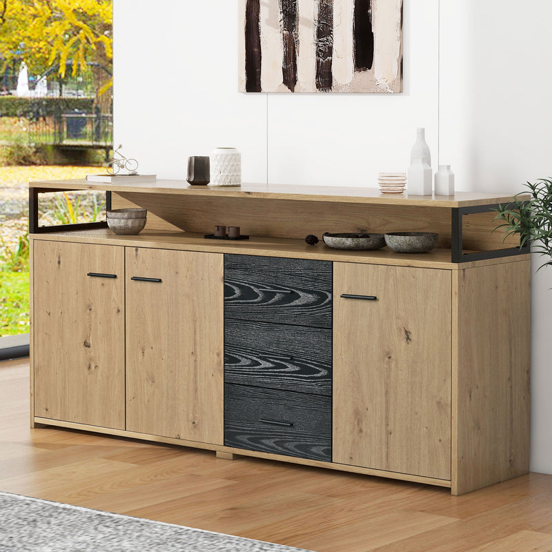 Buffet Industriel Moderne Noir & Bois avec 3 Tiroirs, 3 Portes, Étagères Réglables et Rangement Ouvert (150x35x75.9cm) VAGNAD