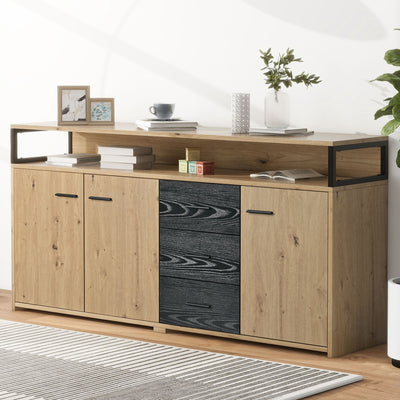 Buffet Industriel Moderne Noir & Bois avec 3 Tiroirs, 3 Portes, Étagères Réglables et Rangement Ouvert (150x35x75.9cm) VAGNAD