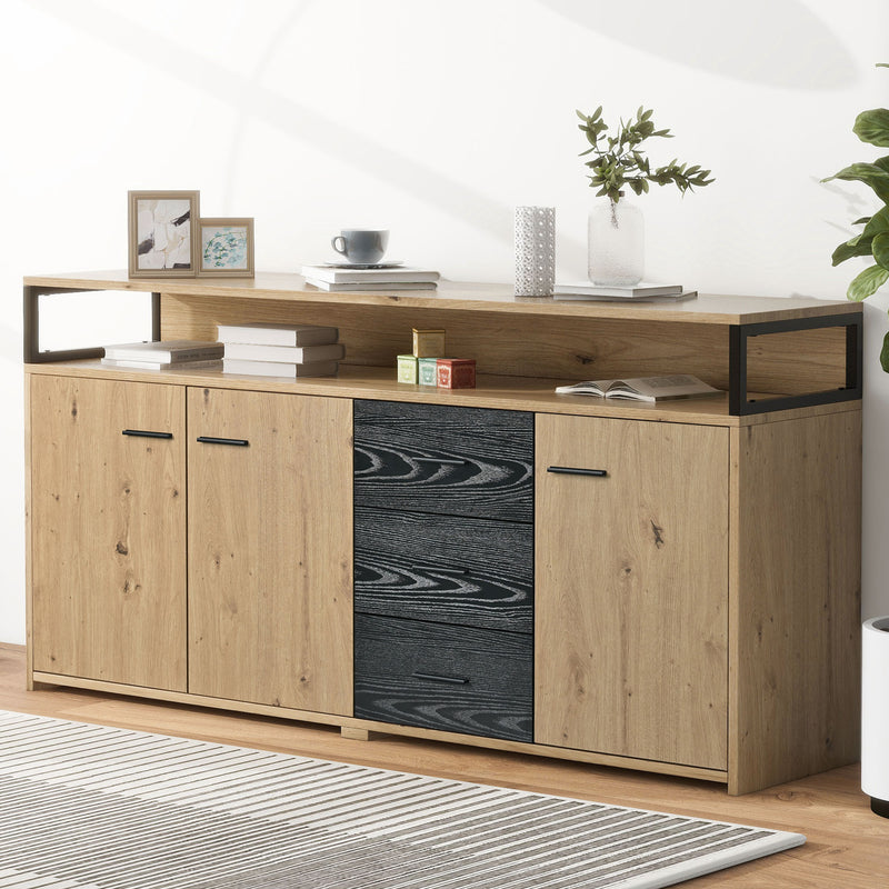 Buffet Industriel Moderne Noir & Bois avec 3 Tiroirs, 3 Portes, Étagères Réglables et Rangement Ouvert (150x35x75.9cm) VAGNAD
