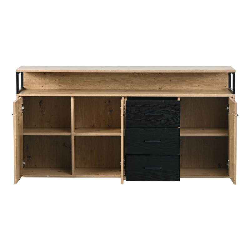 Buffet Industriel Moderne Noir & Bois avec 3 Tiroirs, 3 Portes, Étagères Réglables et Rangement Ouvert (150x35x75.9cm) VAGNAD