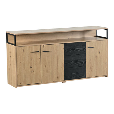 Buffet Industriel Moderne Noir & Bois avec 3 Tiroirs, 3 Portes, Étagères Réglables et Rangement Ouvert (150x35x75.9cm) VAGNAD