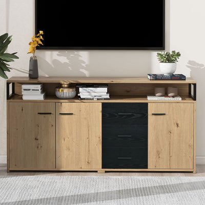 Buffet Industriel Moderne Noir & Bois avec 3 Tiroirs, 3 Portes, Étagères Réglables et Rangement Ouvert (150x35x75.9cm) VAGNAD