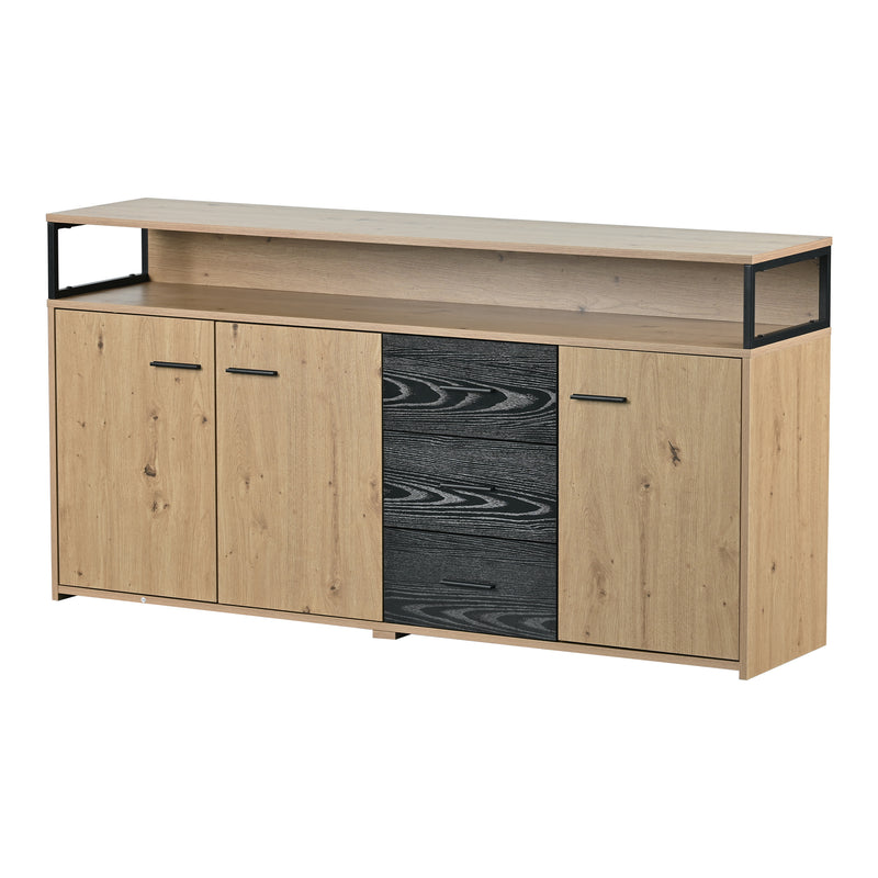 Buffet Industriel Moderne Noir & Bois avec 3 Tiroirs, 3 Portes, Étagères Réglables et Rangement Ouvert (150x35x75.9cm) VAGNAD