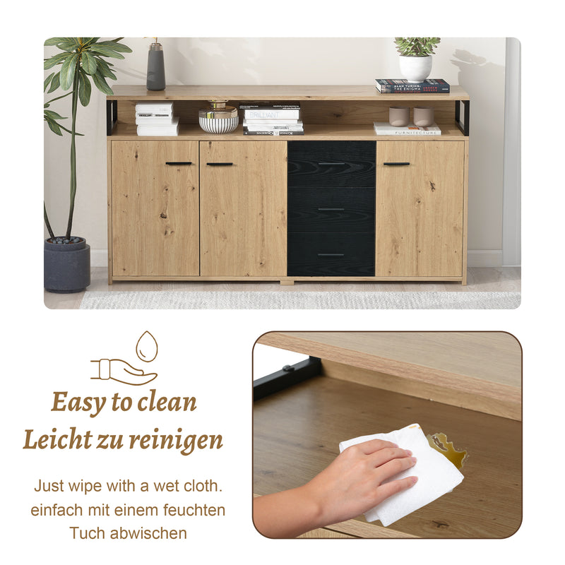 Buffet Industriel Moderne Noir & Bois avec 3 Tiroirs, 3 Portes, Étagères Réglables et Rangement Ouvert (150x35x75.9cm) VAGNAD