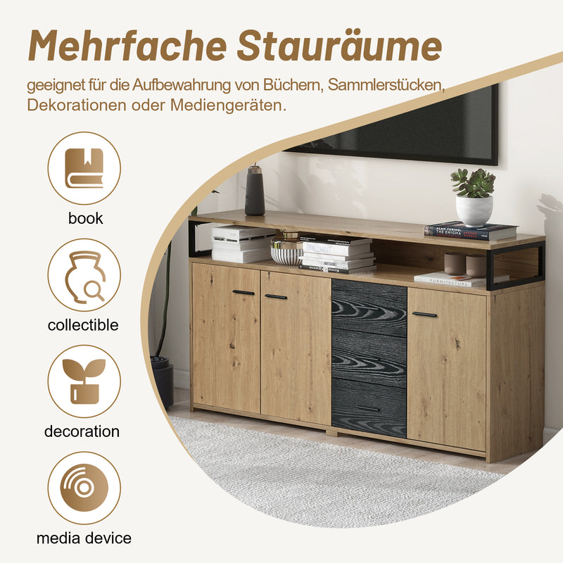 Buffet Industriel Moderne Noir & Bois avec 3 Tiroirs, 3 Portes, Étagères Réglables et Rangement Ouvert (150x35x75.9cm) VAGNAD