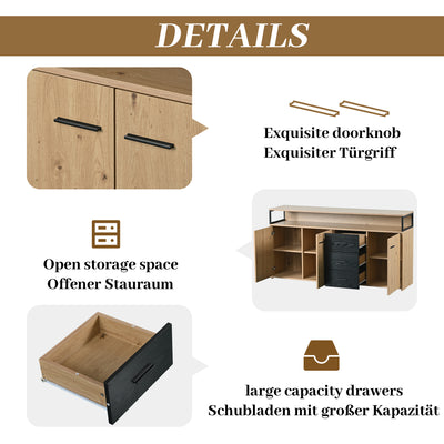 Buffet Industriel Moderne Noir & Bois avec 3 Tiroirs, 3 Portes, Étagères Réglables et Rangement Ouvert (150x35x75.9cm) VAGNAD