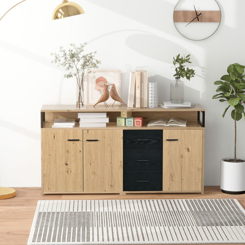 Buffet Industriel Moderne Noir & Bois avec 3 Tiroirs, 3 Portes, Étagères Réglables et Rangement Ouvert (150x35x75.9cm) VAGNAD