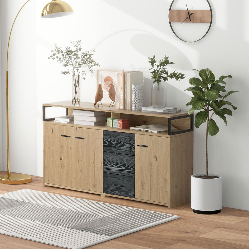 Buffet Industriel Moderne Noir & Bois avec 3 Tiroirs, 3 Portes, Étagères Réglables et Rangement Ouvert (150x35x75.9cm) VAGNAD