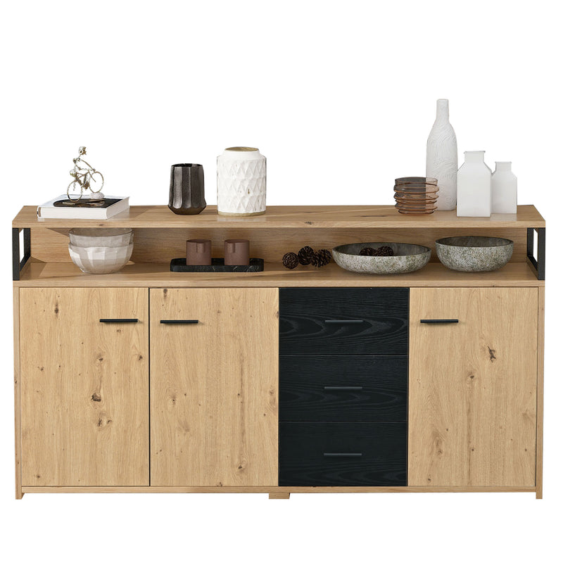 Buffet Industriel Moderne Noir & Bois avec 3 Tiroirs, 3 Portes, Étagères Réglables et Rangement Ouvert (150x35x75.9cm) VAGNAD
