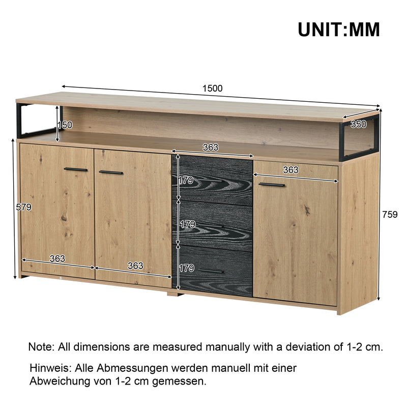 Buffet Industriel Moderne Noir & Bois avec 3 Tiroirs, 3 Portes, Étagères Réglables et Rangement Ouvert (150x35x75.9cm) VAGNAD