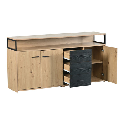 Buffet Industriel Moderne Noir & Bois avec 3 Tiroirs, 3 Portes, Étagères Réglables et Rangement Ouvert (150x35x75.9cm) VAGNAD