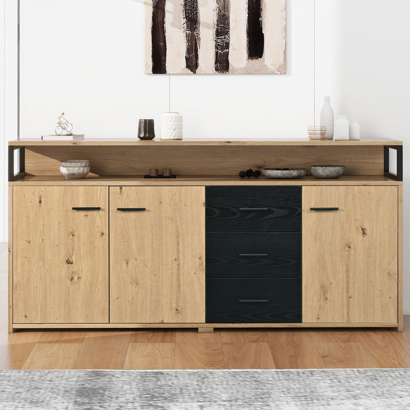 Buffet Industriel Moderne Noir & Bois avec 3 Tiroirs, 3 Portes, Étagères Réglables et Rangement Ouvert (150x35x75.9cm) VAGNAD
