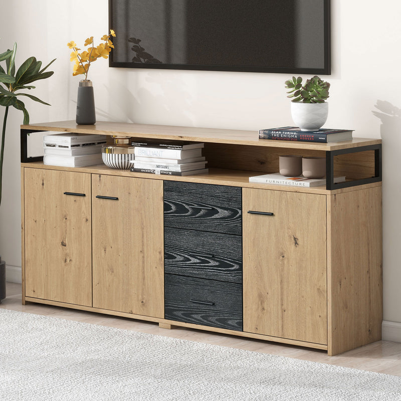 Buffet Industriel Moderne Noir & Bois avec 3 Tiroirs, 3 Portes, Étagères Réglables et Rangement Ouvert (150x35x75.9cm) VAGNAD