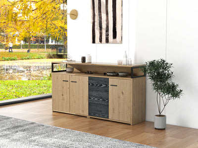 Buffet Industriel Moderne Noir & Bois avec 3 Tiroirs, 3 Portes, Étagères Réglables et Rangement Ouvert (150x35x75.9cm) VAGNAD