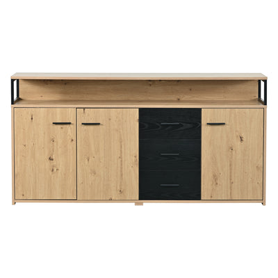 Buffet Industriel Moderne Noir & Bois avec 3 Tiroirs, 3 Portes, Étagères Réglables et Rangement Ouvert (150x35x75.9cm) VAGNAD