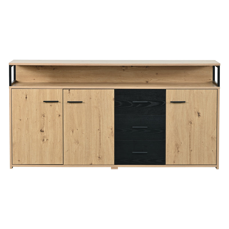 Buffet Industriel Moderne Noir & Bois avec 3 Tiroirs, 3 Portes, Étagères Réglables et Rangement Ouvert (150x35x75.9cm) VAGNAD