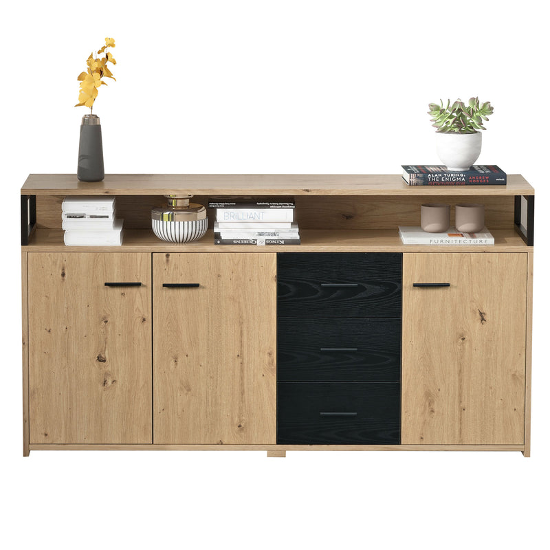 Buffet Industriel Moderne Noir & Bois avec 3 Tiroirs, 3 Portes, Étagères Réglables et Rangement Ouvert (150x35x75.9cm) VAGNAD