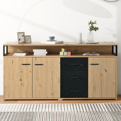 Buffet Industriel Moderne Noir & Bois avec 3 Tiroirs, 3 Portes, Étagères Réglables et Rangement Ouvert (150x35x75.9cm) VAGNAD
