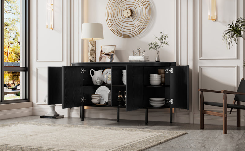 Buffet Noir Moderne avec Plateau Effet Bois, Design Courbé Anti-Choc et Rangement Flexible VECUTS BLACK