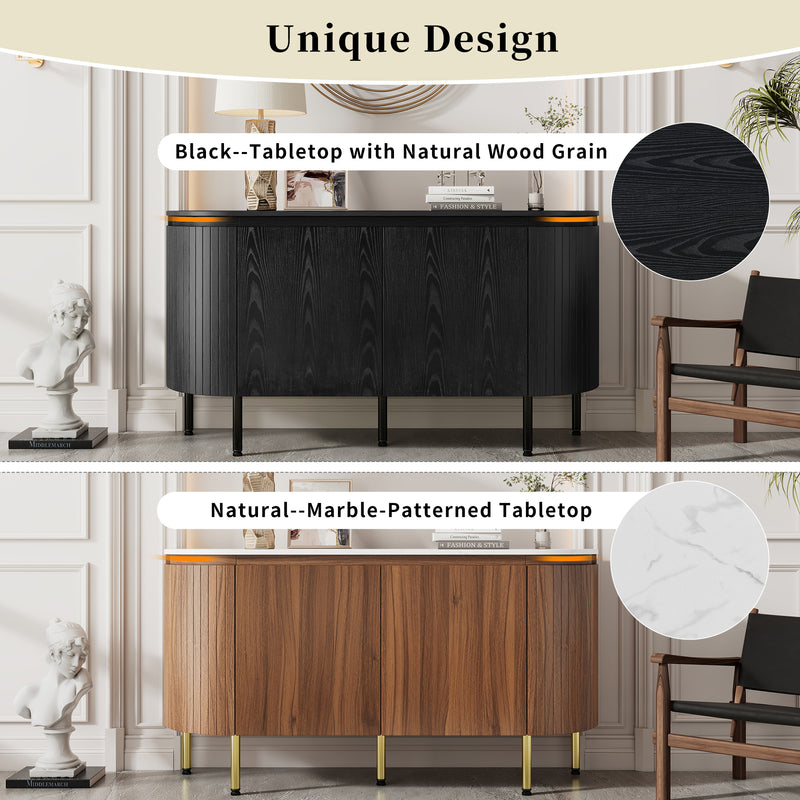 Buffet Noir Moderne avec Plateau Effet Bois, Design Courbé Anti-Choc et Rangement Flexible VECUTS BLACK