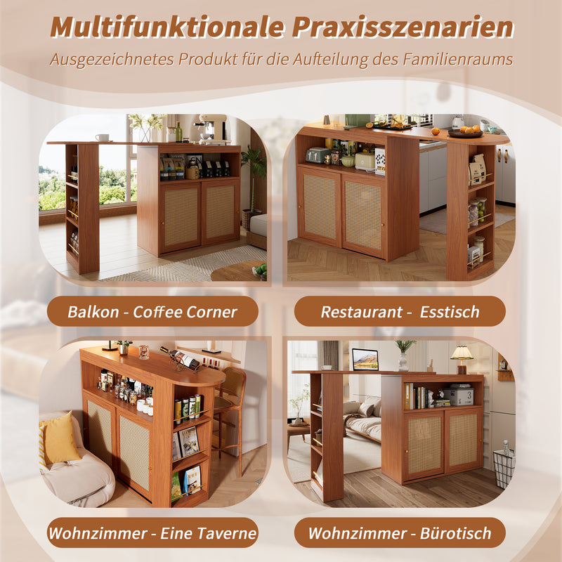 Table de Bar Extensible et Multifonctionnelle Marron avec Rangement en Rotin Artisanat VEENNA