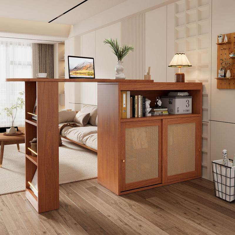 Table de Bar Extensible et Multifonctionnelle Marron avec Rangement en Rotin Artisanat VEENNA