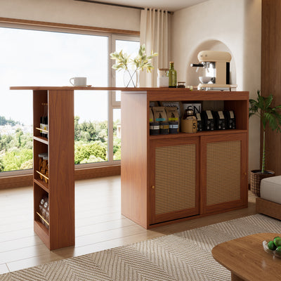 Table de Bar Extensible et Multifonctionnelle Marron avec Rangement en Rotin Artisanat VEENNA