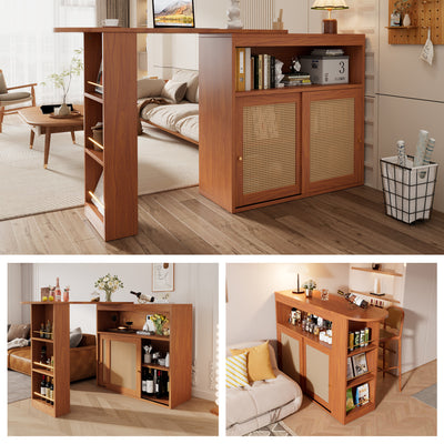 Table de Bar Extensible et Multifonctionnelle Marron avec Rangement en Rotin Artisanat VEENNA