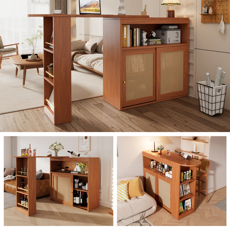 Table de Bar Extensible et Multifonctionnelle Marron avec Rangement en Rotin Artisanat VEENNA