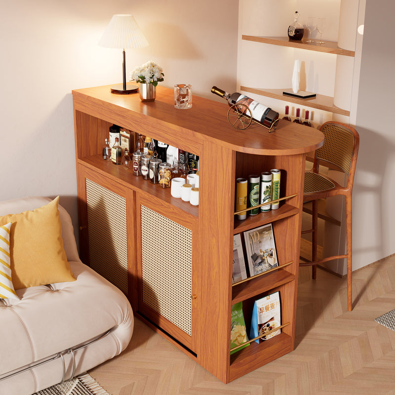 Table de Bar Extensible et Multifonctionnelle Marron avec Rangement en Rotin Artisanat VEENNA