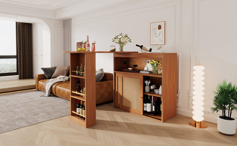 Table de Bar Extensible et Multifonctionnelle Marron avec Rangement en Rotin Artisanat VEENNA