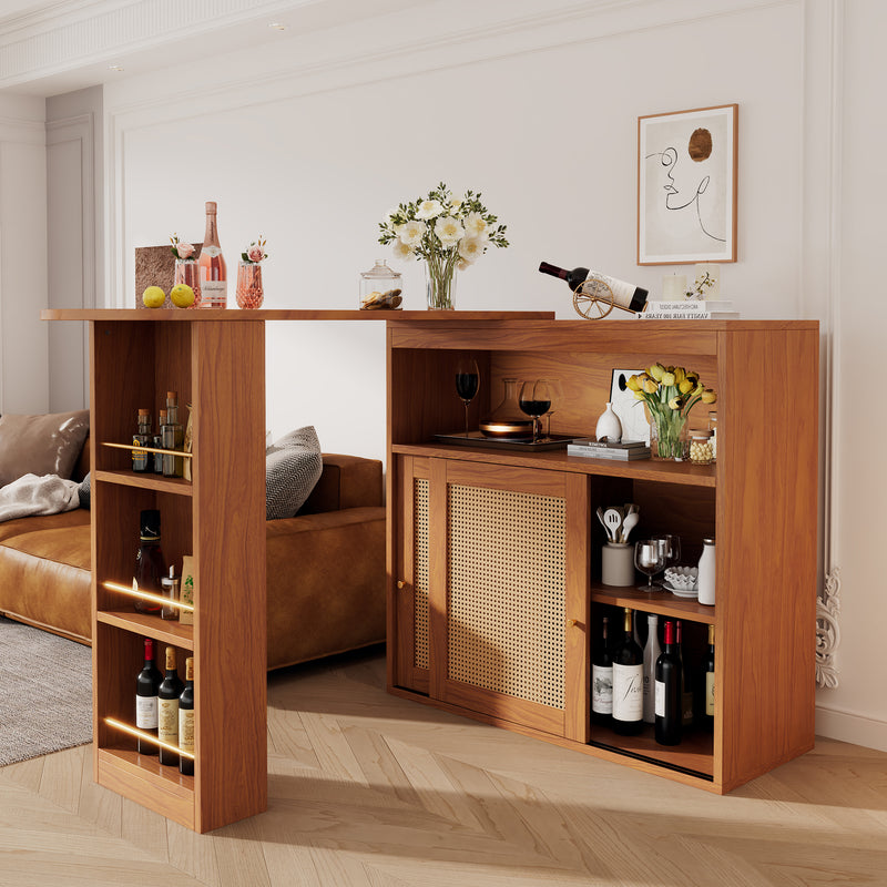 Table de Bar Extensible et Multifonctionnelle Marron avec Rangement en Rotin Artisanat VEENNA