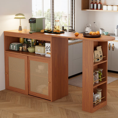 Table de Bar Extensible et Multifonctionnelle Marron avec Rangement en Rotin Artisanat VEENNA