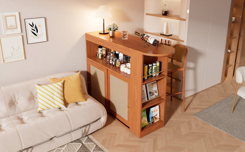 Table de Bar Extensible et Multifonctionnelle Marron avec Rangement en Rotin Artisanat VEENNA