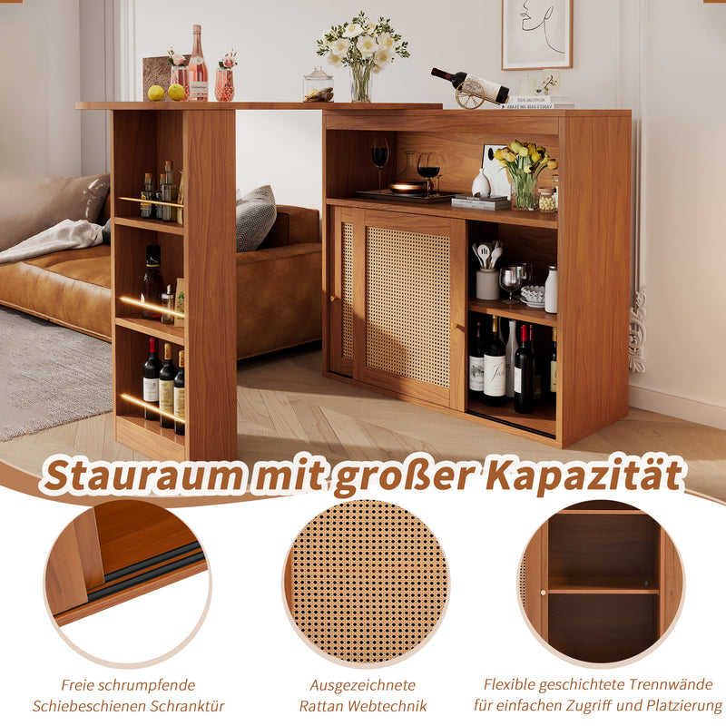 Table de Bar Extensible et Multifonctionnelle Marron avec Rangement en Rotin Artisanat VEENNA
