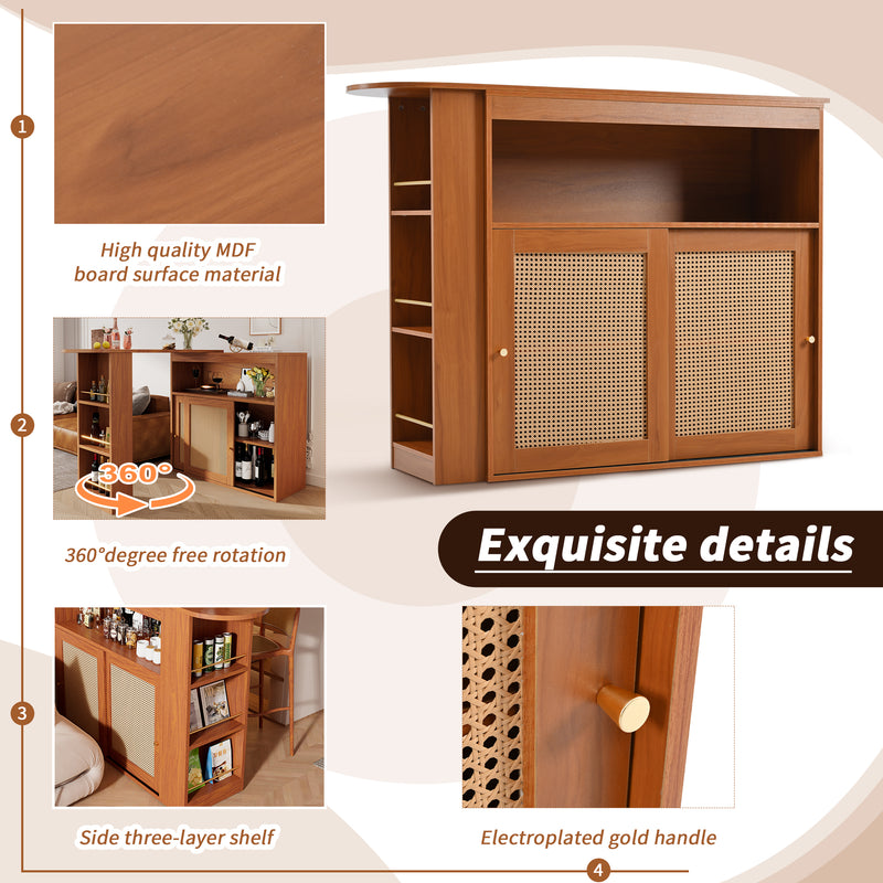 Table de Bar Extensible et Multifonctionnelle Marron avec Rangement en Rotin Artisanat VEENNA