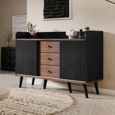 Buffet Moderne Noir et Bois avec Portes Coulissantes Rainurées et Tiroirs de Rangement VEKAID BLACK