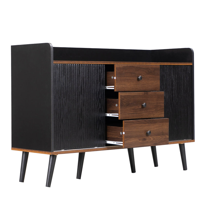 Buffet Moderne Noir et Bois avec Portes Coulissantes Rainurées et Tiroirs de Rangement VEKAID BLACK
